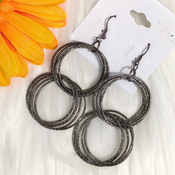 Boho Sparkle Hoop Earrings Long Dangle Antique Silver Career Date Night NWT - Picture 1 of 3